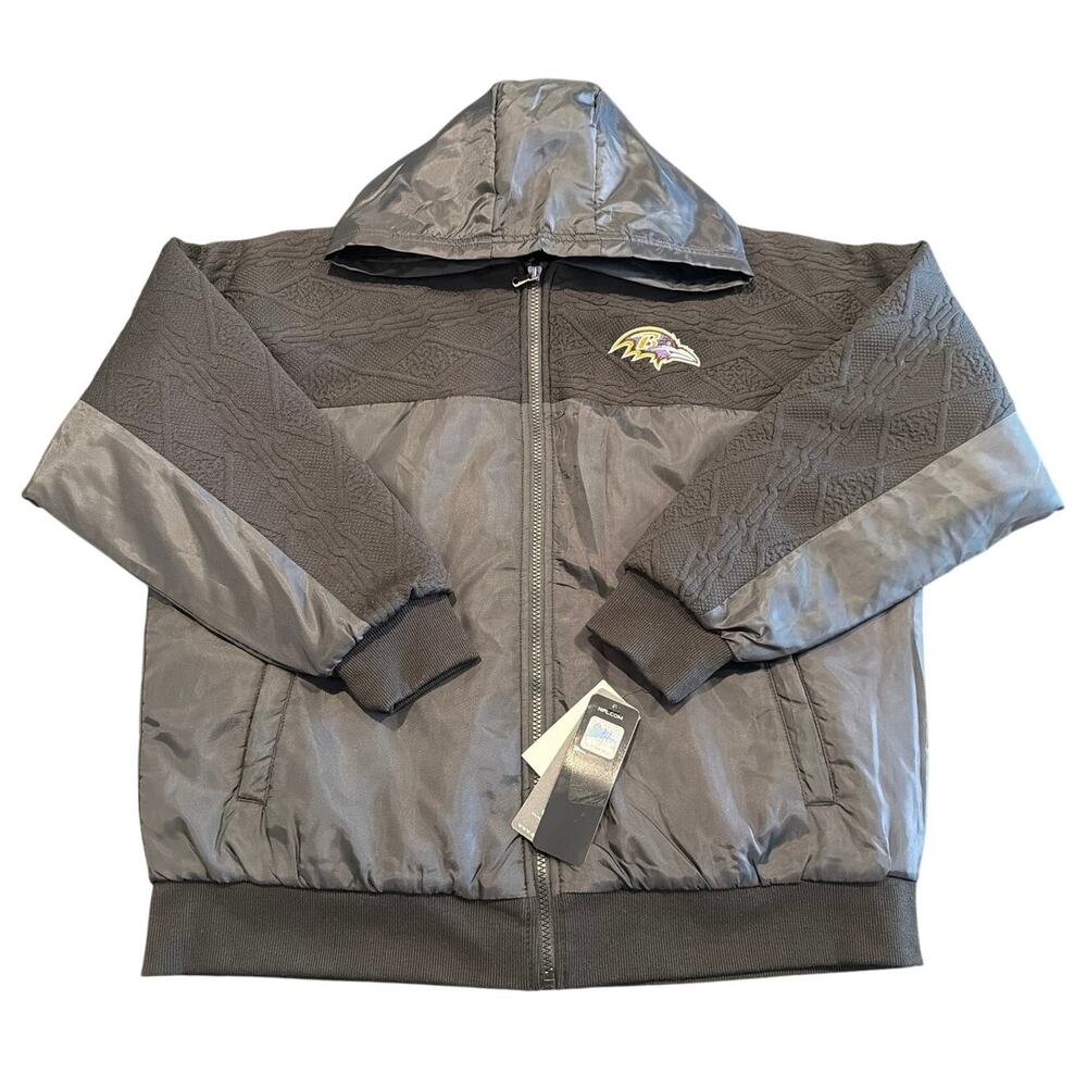 NWT G-III 4Her Baltimore Ravens Mixed Media Hooded Jacket, Black, Women’s Large